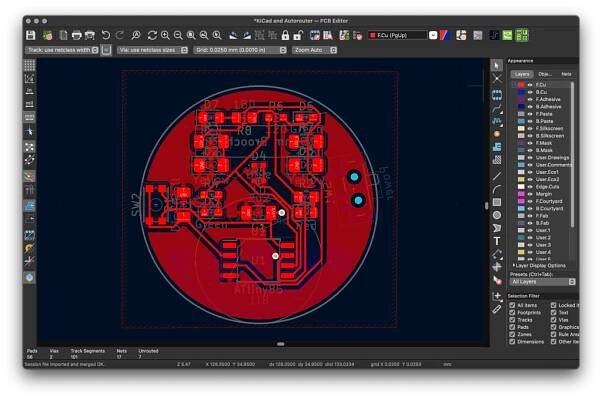 Imported Specctra session file with new routes in place in KiCad
