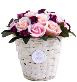 Mýdlová kytice plná Růží - mýdlové květy Růže v proutěném koši PR064 - Mýdlové květinářství