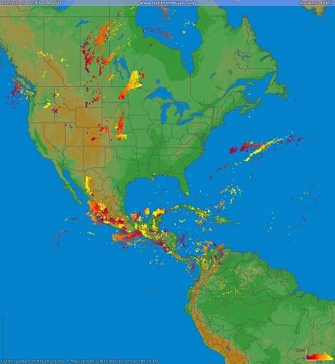 Mapa blesků North America 10.09.2025 03:48:00 UTC