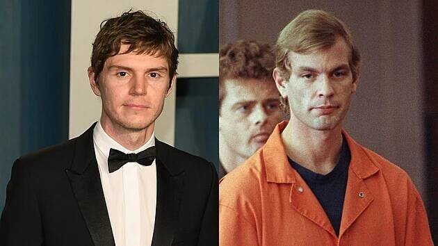 Herec Evan Peters (vlevo) a sériový vrah, kanibal a nekrofil Jeffrey Dahmer