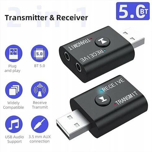 VYSÍLAČ BLUETOOTH PŘIJÍMAČ 5.0 BT 2v1 AUDIO ADAPTÉR AUX USB za 115.00CZK - Allegro