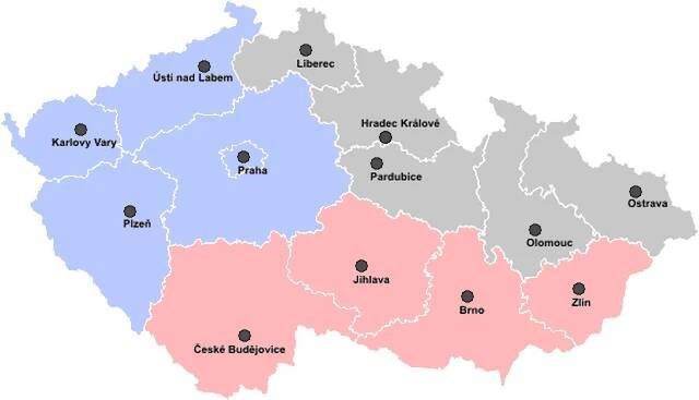 Mapa ČR s vyznačenými okresy