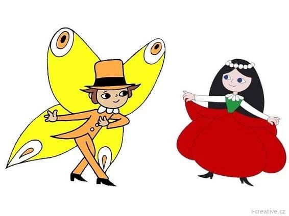 two cartoon characters are dressed in costumes and one is holding a large red object while the other looks like a bird