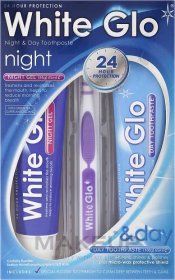 White Glo Night & Day Toothpaste (t/paste/65ml + t/gel/65ml + toothbrush) - Sada s fialovým zubním kartáčkem
