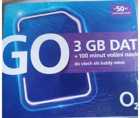 Předplacená karta O2 GO 3 GB + 100 Minut + 50 Kč kredit + 10+1 ZDARMA!