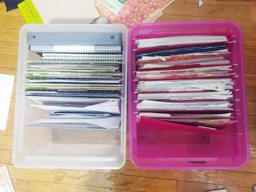 DURING The clear box contains everything I already sorted and was keeping. The pink box was full of my old college and grad school papers I still needed to sort through.