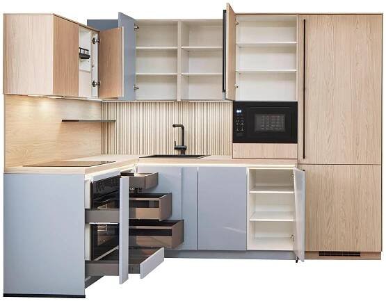 Eckküche Sidney/singapur - Sandfarben/Blau, Basics, Holzwerkstoff (185/288cm) - Vertico
