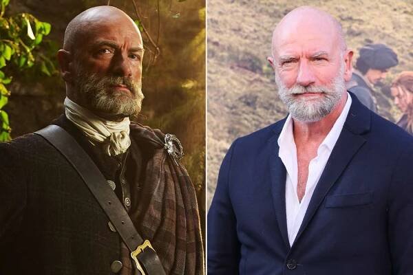 Graham McTavish as Dougal MacKenzie in 'Outlander' season 1; McTavish at the 'Outlander: Blood of My Blood' premiere on July 28, 2025