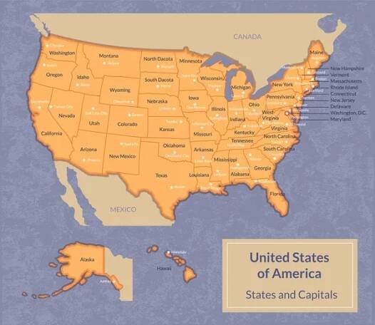 Mapa Usa se státy a jejich hlavní města — Ilustrace