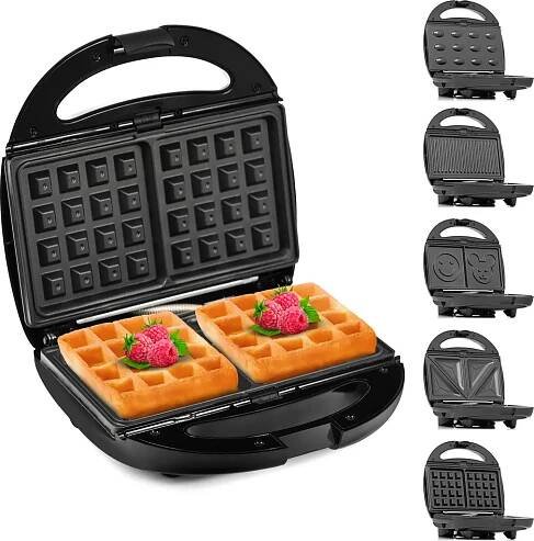 Obrázek produktu pro Sendvičovač Lehmann 5 v 1 s různými formami, 1200 W, vaflovač, kontaktní gril, panini, sendvičovač, sladké pečivo, včetně 5 sad talířů