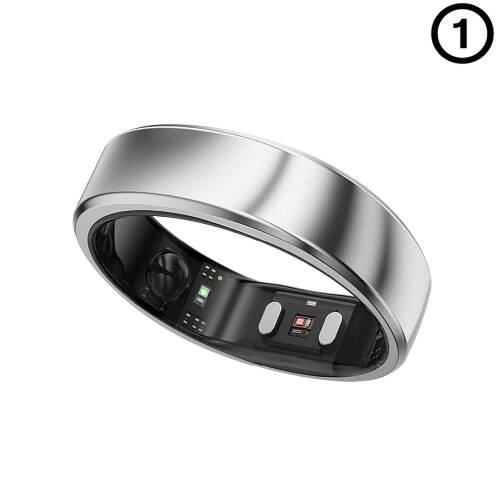 Silver smart ring with health tracking sensors, modern design, close-up product shot