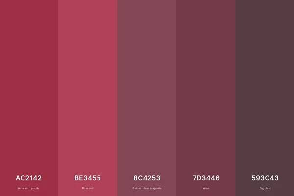 1. Viva Magenta Color Palette Color Palette with Amaranth Purple (Hex #AC2142) + Rose Red (Hex #BE3455) + Quinacridone Magenta (Hex #8C4253) + Wine (Hex #7D3446) + Eggplant (Hex #593C43) Color Palette with Hex Codes