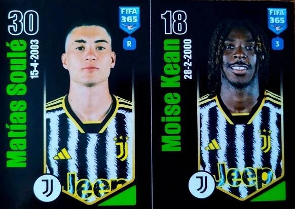 PANINI samolepky FIFA 365 2024 SAMOLEPKA 322 a b JUVENTUS SOULE KEAN