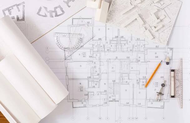 Architektonický projekt, sběr kyvetových testů na stole. — Stock obrázek