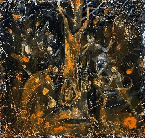 Apollo a Marsyas, akryl na plátně, 105x110 cm, 2016