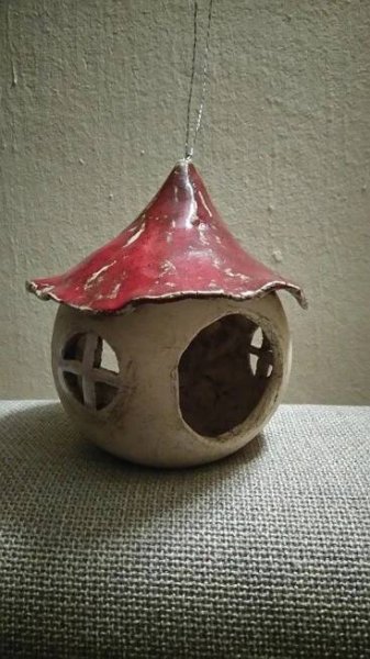 Handmade Ceramic Birdhouse with Red Roof