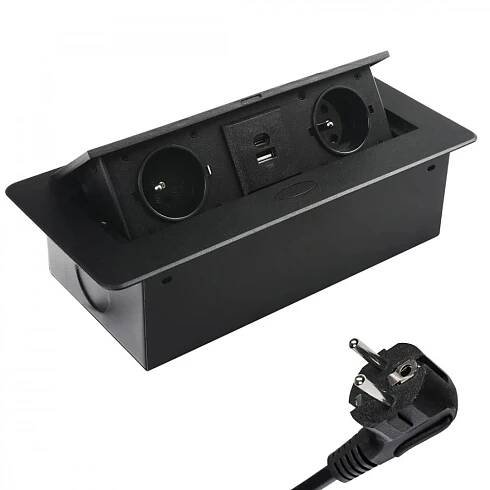 Zásuvka výklopná 2 x 230V + 2x USB A+C nabíječkou 5V, IP20, max. příkon 3680W, délka kabelu 1.5 m, barva černá