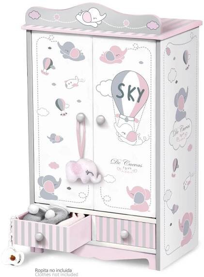 DeCuevas 54035 dřevěná šatní skříň pro panenky se zásuvkami a doplňky sky 2019