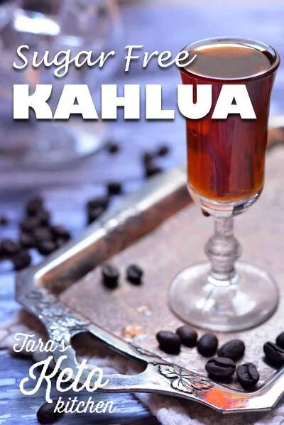 sugar free kahlua shown in a small glass on an antique tray