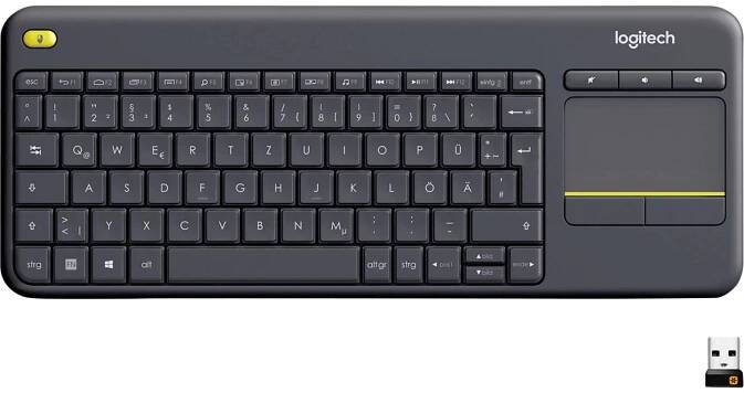 Logitech Wireless K400 Plus bezdrátový klávesnice německá, QWERTZ černá integrovaný touchpad, tlačítka myši