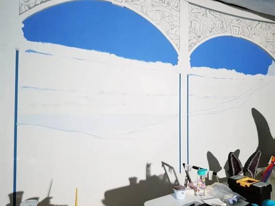 Trompe Wingwall Day 18 - Starting sky and landscape