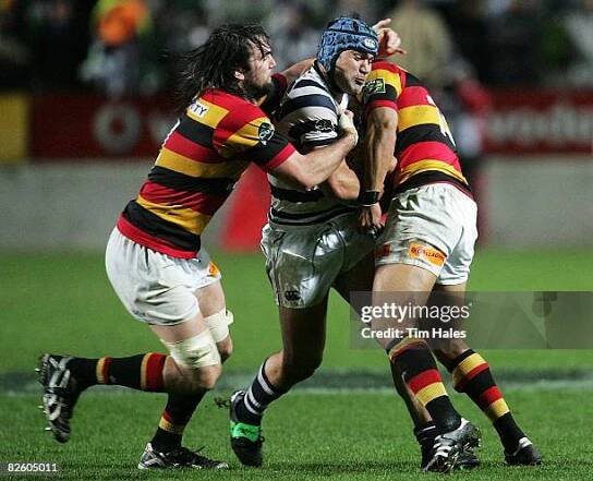 Onosa'i Auva'a of Auckland is hit hard in a tackle from Toby Lynn of Waikato during the Air New Zealand Cup match between Waikato and Auckland held...