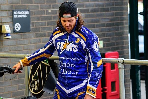 MANCHESTER, UK. MAY 16TH Richard Lawson  warms up his bike during the SGB Premiership match between Belle Vue Aces and King's Lynn Stars at the National Speedway Stadium, Manchester on Monday 16th May 2022. (Credit: Ian Charles | MI News)