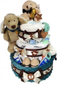 BabyDort bohatý třípatrový plenkový dort PREMIUM s pejskem a medvídkem - VIDEO