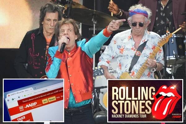 The Rolling Stones, their 2024 tour poster and the AARP site.