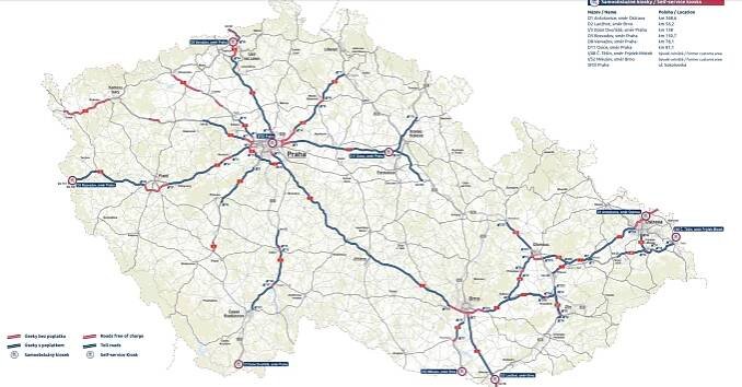Úseky silnic a dálnic v ČR - mapa Elektronické mýtné a kiosky