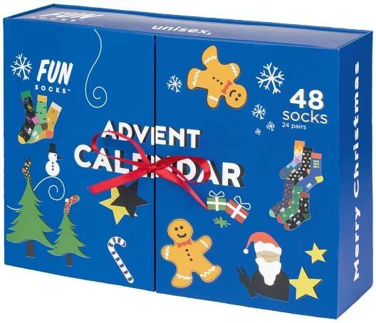 Modrý adventní kalendář Fun Socks s 48 ponožkami.