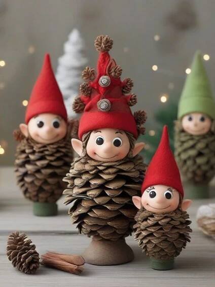 three little gnomes made out of pine cones