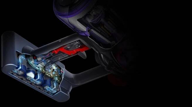 Cutaway diagram of Dyson V11 vacuum trigger and battery