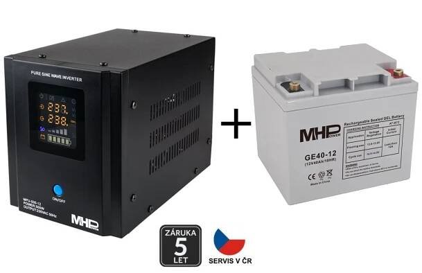 Záložní zdroj MHPower MPU-500-12, UPS, 500W, čistý sinus, 12V SET s Gelovou baterií 40Ah