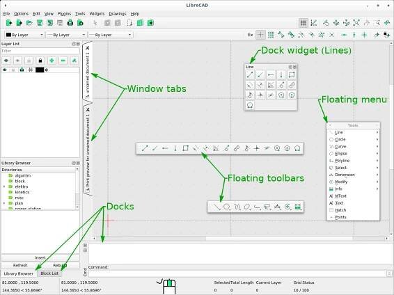 LibreCAD Application Window - custom layout