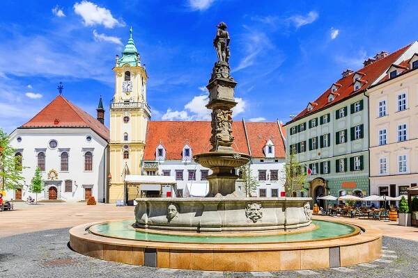 View of Bratislava main square with the city hall in the background