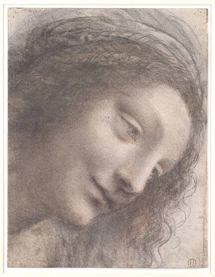 Tête de la Vierge de trois quarts à droite.