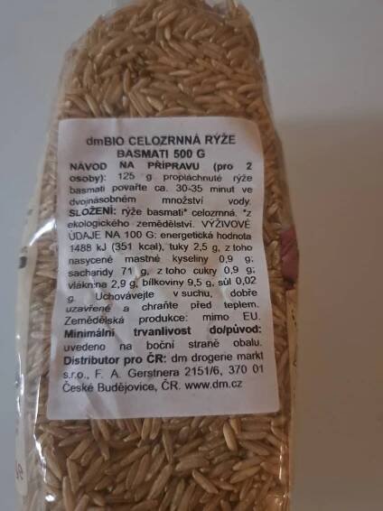 Podrobné informace o potravině Bio celozrnná rýže