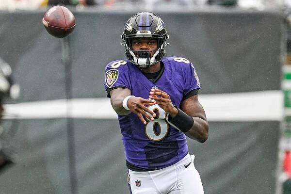 Ravens quarterback Lamar Jackson throws a pass during a Sept. 11 game against the New York Jets at MetLife Stadium