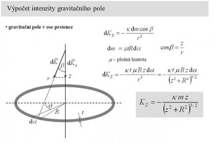 Výpočet intenzity gravitačního pole gravitační pole v ose prstence  – plošná hustota