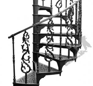 Točité schodiště litinové Fi ~2m v1 ČERNÉ-2 sloupky zábradlí na stupni - Stavebniny