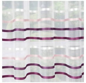 Luxusní krémová záclona do obýváku ozdobena fialovou látkou a pruhy