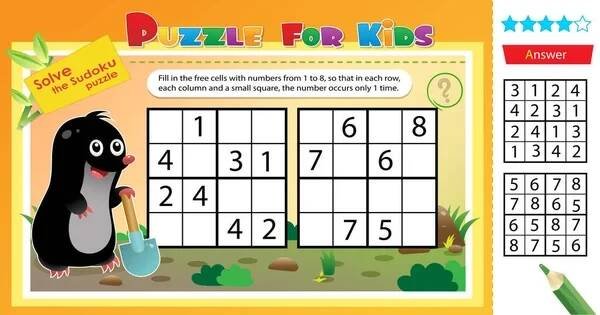 Vyřešit sudoku puzzle spolu s malým krtkem. Logická hádanka pro děti. Vzdělávací hra pro děti. Návrh vektoru listu pro školáky. — Ilustrace