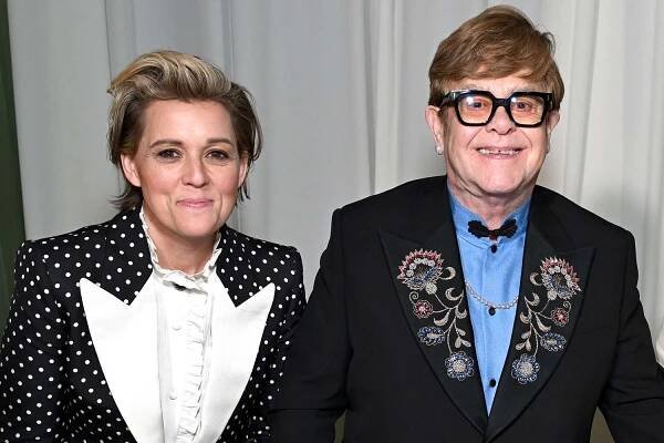 Brandi Carlile, Elton John and Andrew Watt attend the press conference during Elton John AIDS Foundation's 33rd Annual Academy Awards Viewing Party