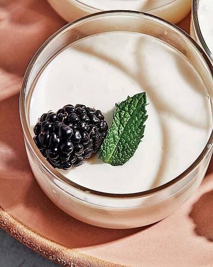 A closeup of the mint panna cotta dessert.