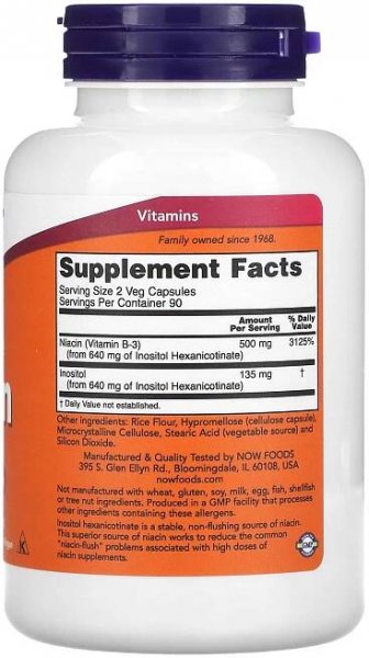 NOW Foods, Niacin bez splachování, 250 mg, 180 vegetariánských tobolek 