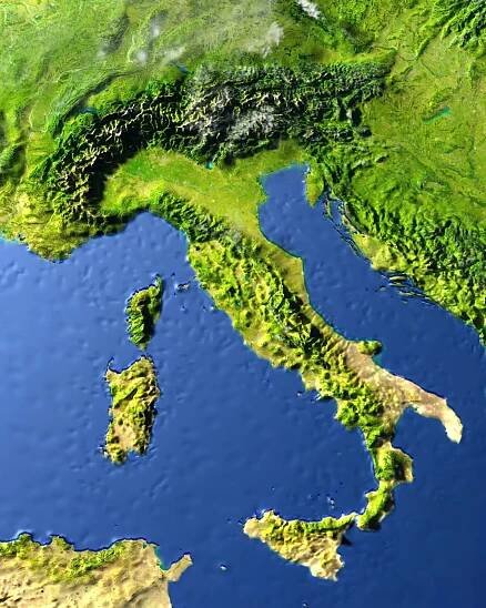 3D mapa Itálie zobrazující Alpy, a Apeninské pohoří ( Páteř Itálie)