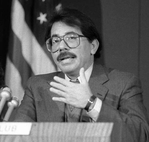 President Ortega at a press conference in Washington, November 1987.