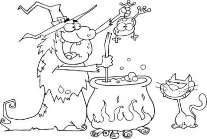 Šílená čarodějnice s černou kočkou drží žábu a připravuje lektvar omalovánka