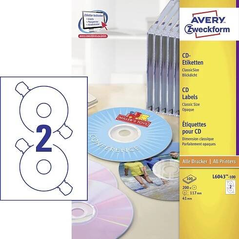 Avery-Zweckform L6043-100 Štítky CD Ø 117 mm papír bílá 200 ks trvalé inkoustová tiskárna, laserová tiskárna, barevná laserová tiskárna, kopírka, barevná